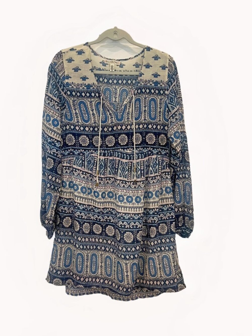 Billabong Blue and White Printed Long Sleeve Boho Dress